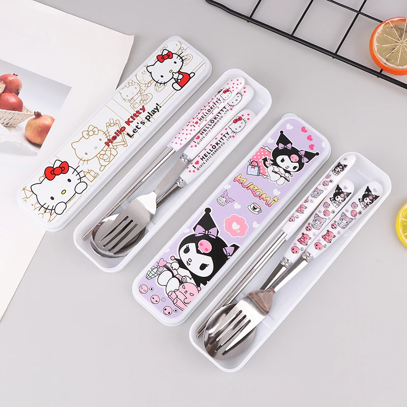 Cute Cartoon Anime Stainless Steel Chopsticks Spoon Fork Student Office Portable Dinnerware Set Kitchen Tableware