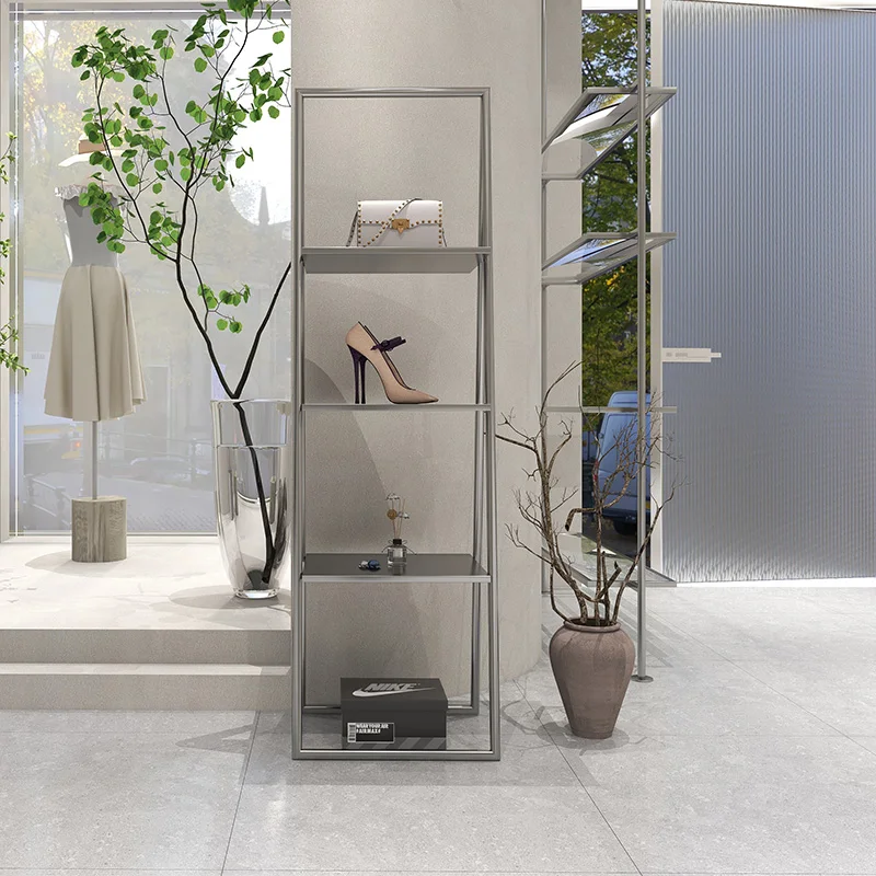 

Clothing store shoe rack stainless steel brushed display rack floor-to-ceiling creative Nakajima multi-layer shelf ba