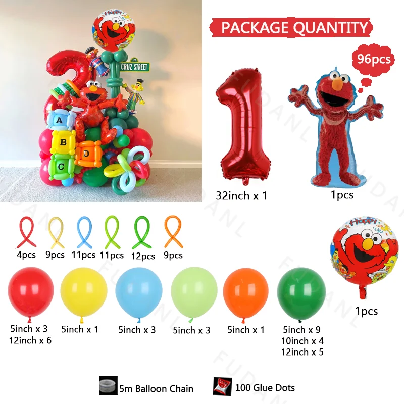 96pcs Cartoon Emo Balloon Sesame Street Family Theme Balloon Column Happy Birthday Party Decoration Baby Shower Globos Gift