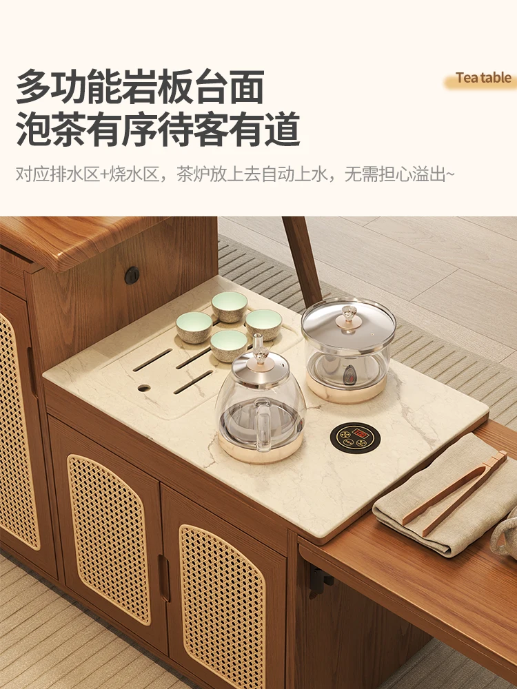 Dongmu mobile tea table household cart solid wood multi-functional cabinet new Chinese  table rock slab