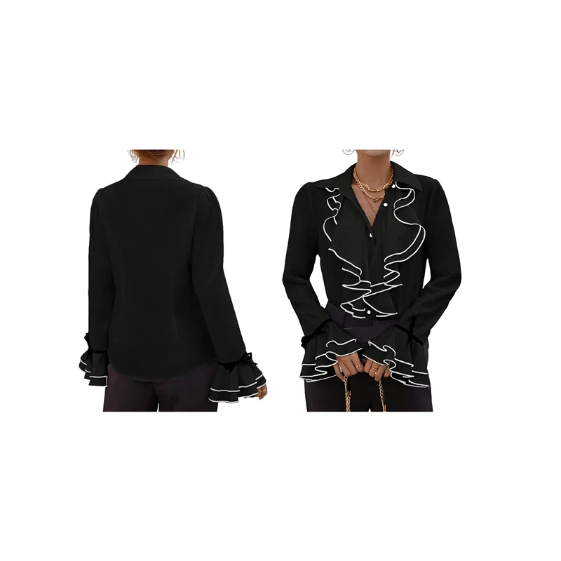 

AG-2025 Spring And Autumn Women's Solid Color Casual Ruffled Trumpet Sleeve Shirt Tops