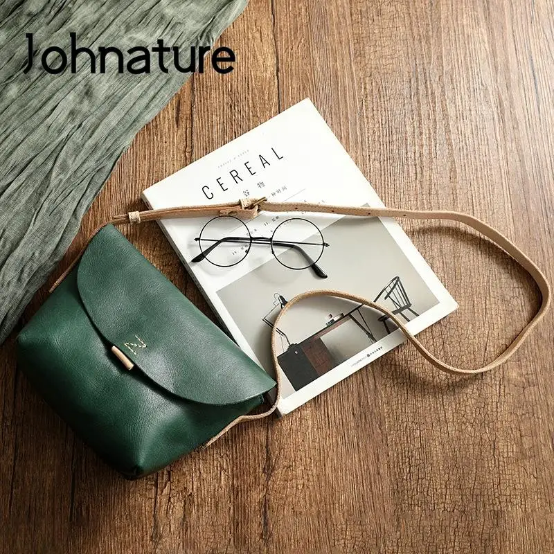 Johnature Simple Natural Soft Cowhide Women Bag 2024 New Vintage Genuine Leather Handmade Solid Color Shoulder & Crossbody Bags