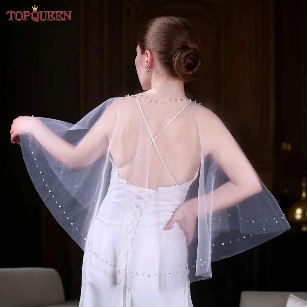 TOPQUEEN G27B Bolero Jacket Cape Jacket Pearls Beaded Piping Round Neck Sleeveless Bridal Shawl Jacket for Party customizable