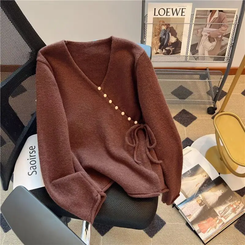 Female Clothing Vintage V-Neck Sweaters Fashion Irregular Drawstring Autumn Winter New Solid Color Casual Loose Knitted Cardigan