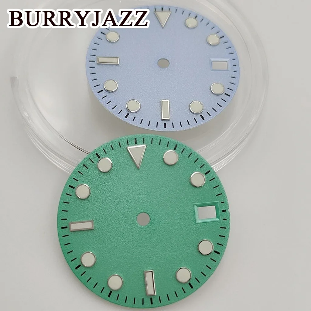 BURRYJAZZ 28.5mm No Logo NH35 Watch Dials Green Blue White Dial Green Luminous Fit 3 O'clock 3.8 O'clock Case Crown