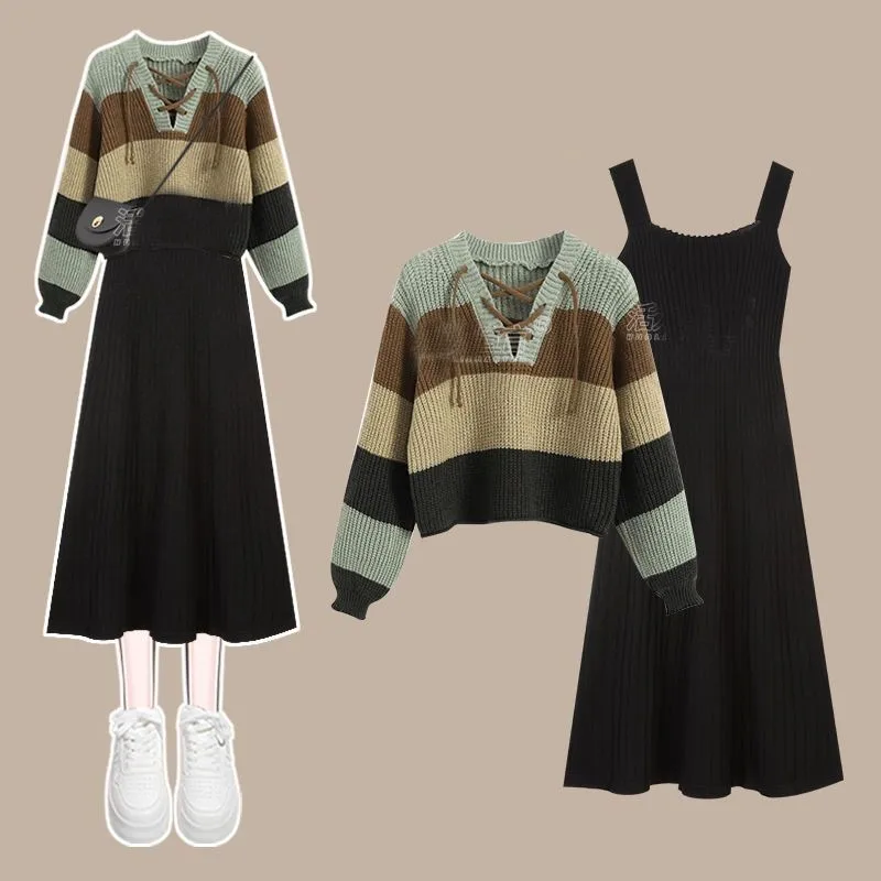 Women's 2024 Autumn/Winter New Fashion Knitted Dress Matching Set Korean Vinatge Striped Sweater+Strap Skirt Two Piece Suit