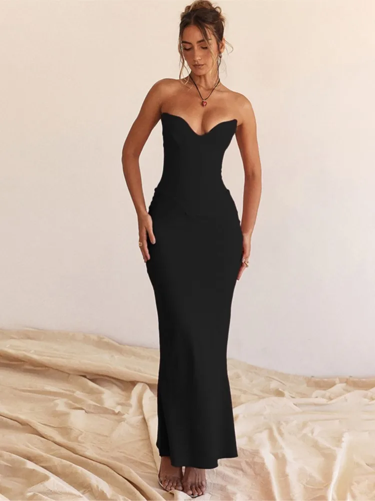 

Elegant Sexy Fishbone Slim Fit Dress Women's Fashion Autumn New Arrival Arrival V-neck Long Dress Sleeveless Ankle-length Dress