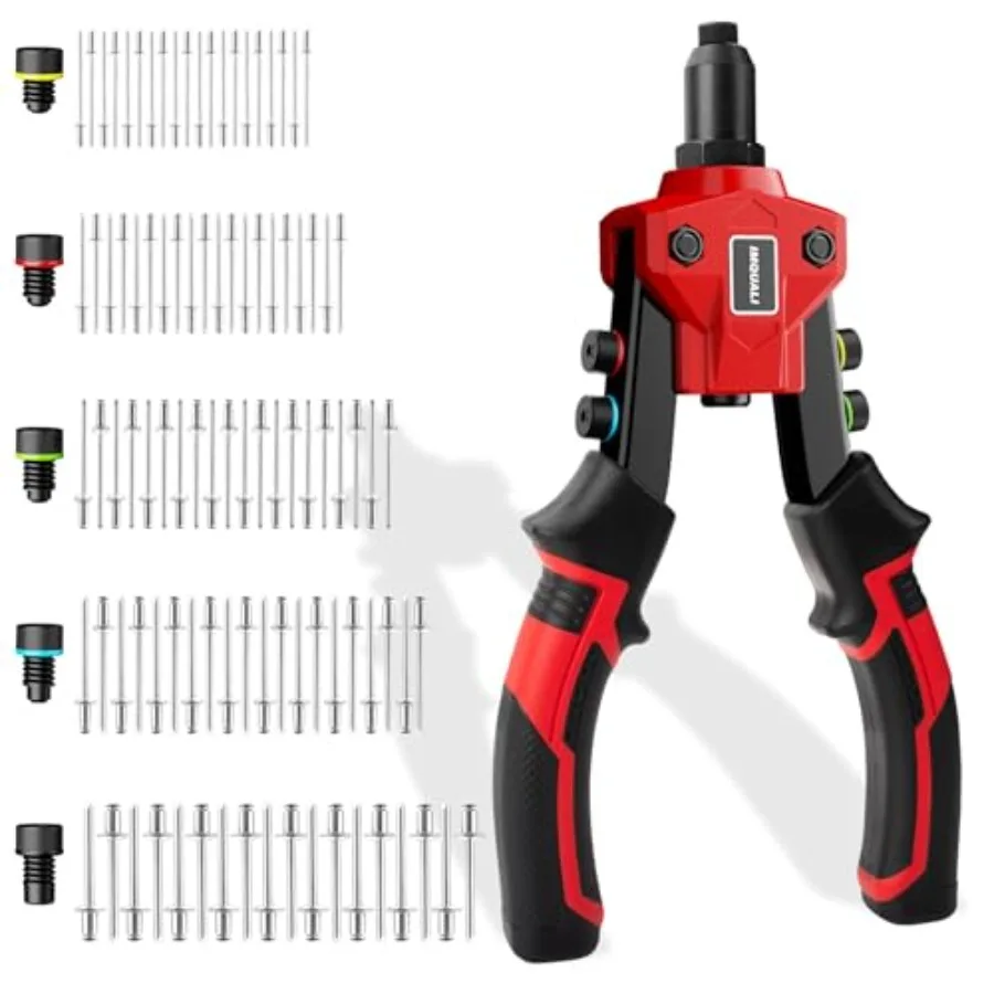 Robustes manuelles Zweihand-Nietpistolen-Set mit 400 Pop-Nieten und 5 Nasenstücken für Anwendungen aus Metall, Leder und Kunststoff. Inklusive