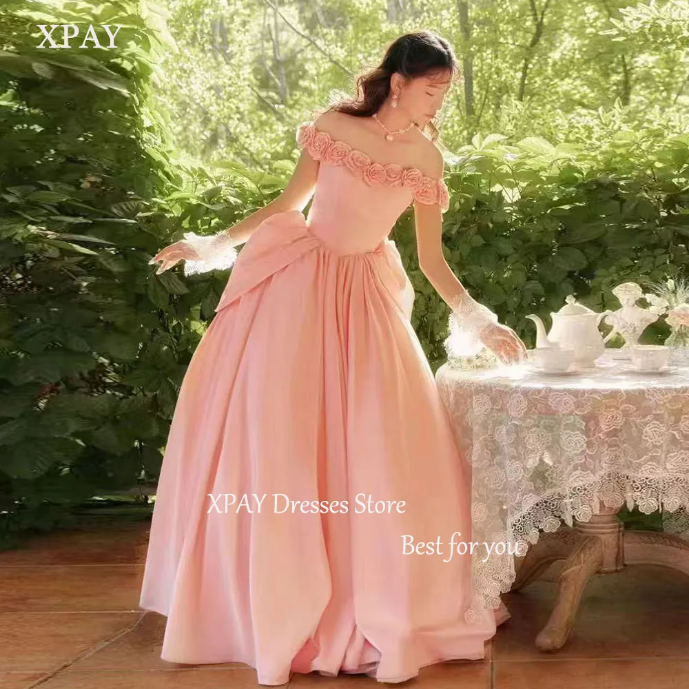 

XPAY 3D Flowers Korea Wedding Dresses Boat Neck Off the Shoulder A-line Draped Bridal Gown Princess Pink Photo Shoot Dresses