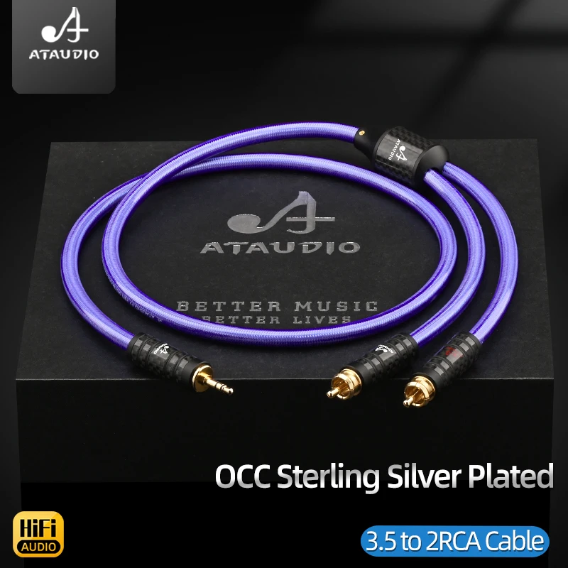 ATAUDIO HiFi OCC Silver-plated 3.5mm to 2RCA Cable High Quality 3.5mm Stereo to 2RCA Male Cable for Phone Amplifier