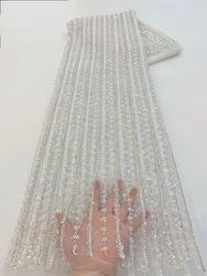 Heavy Stripe Beaded Lace Fabric Fashion Elegant French Embroidered African Nigerian with Sequins Fabric for Wedding Dress