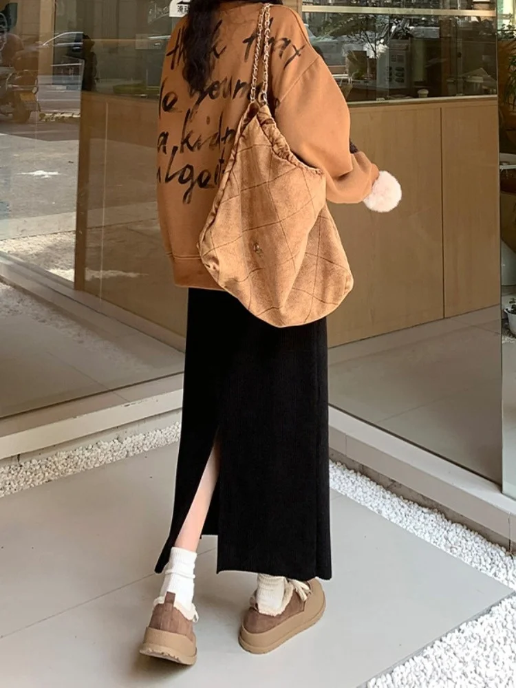 하이웨이스트 안감 있는 코듀로이 A라인 미디 스커트 여성용 가을 겨울 신상 출퇴근용 슬림핏 중국산