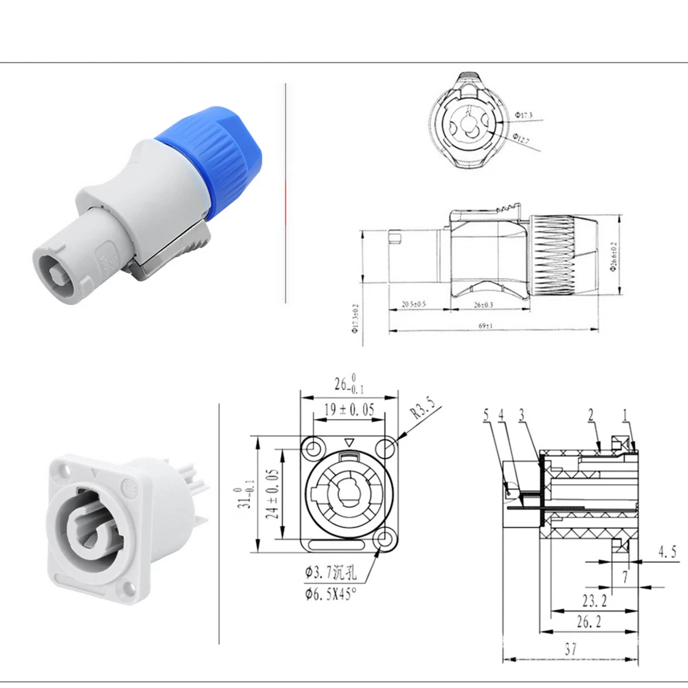 Connecteur Powercon AC à 3 broches, prise mâle, prise d'alimentation AC, lumière de scène, écran LED, gris, NAC3FCA, 20A, 250V