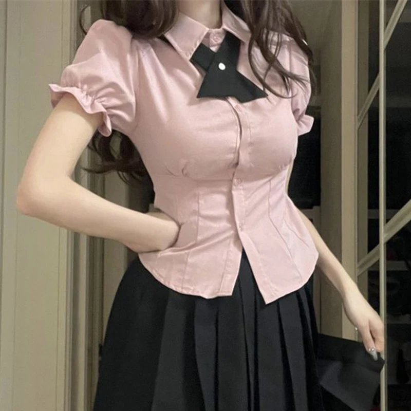 Y2K Women Solid Shirt Korean Sweet Summer Slim Bow Tie Button Female Blouse Fashion New Chic Puff Short Sleeve Ladies Tops