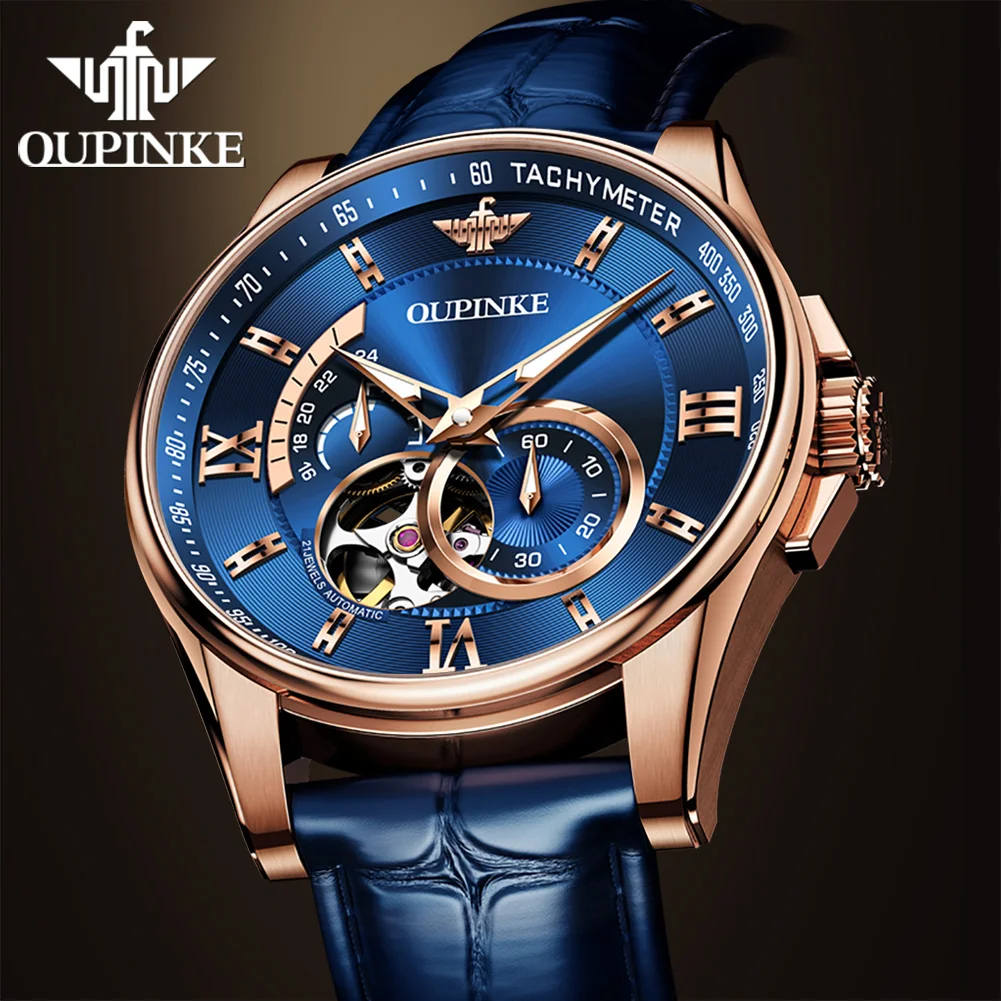 

OUPINKE Original TOP Brand Mechanical Watch for Men Hollow Out Design Leather Strap Imported Japan Movement Automatic Watch Men