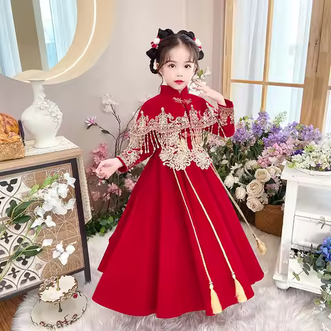 Winter New Girl's Embroidered Hanfu Qipao Dress Red Chinese New Year Clothes Kids Party Evening Wedding Flower Girl Dress