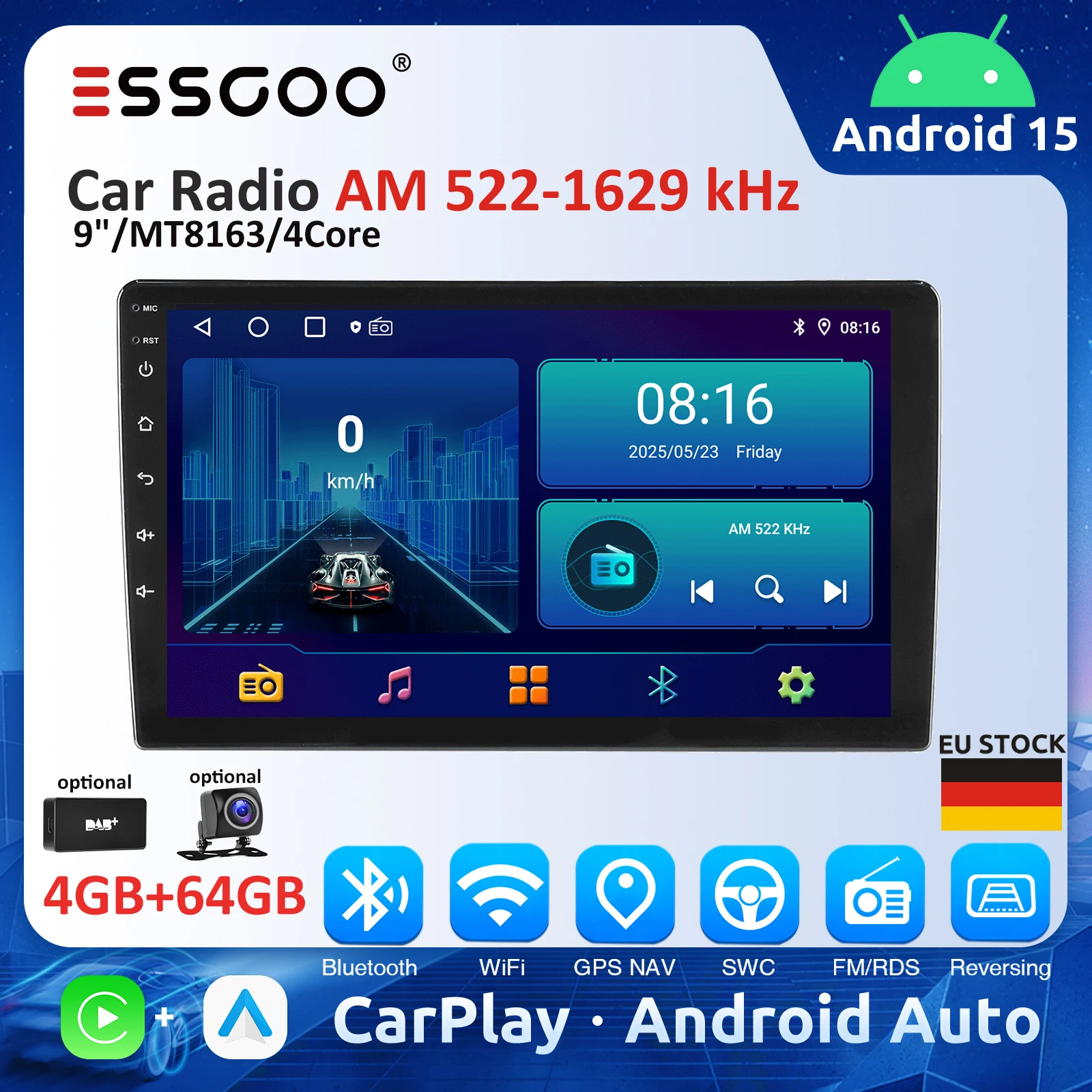 ESSGOO 9-Zoll-Autoradio AM 522~1629 kHz Carplay Android Auto 2Din Android 4GB 64GB Universal-Multimedia-Player Autoradio Stereo GPS