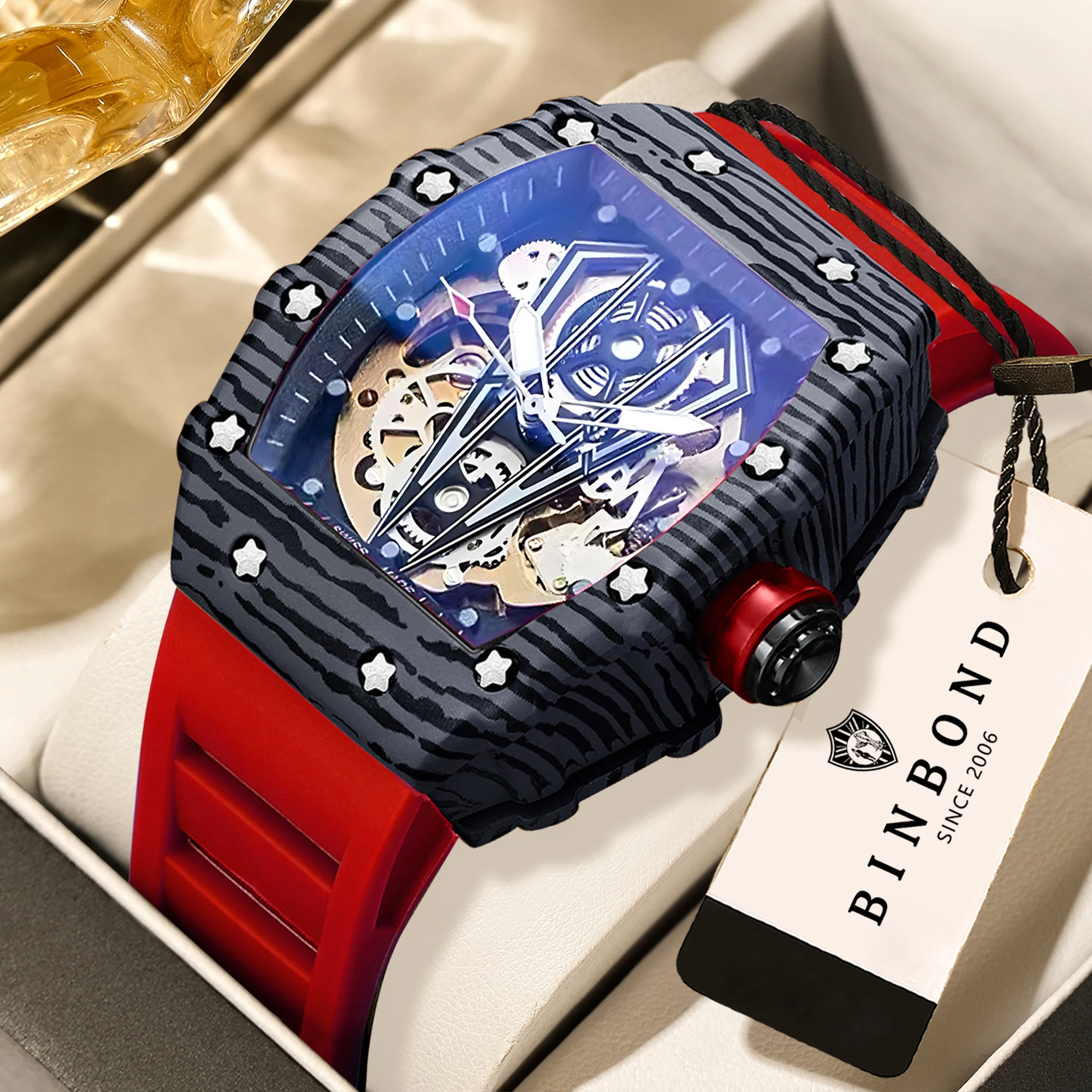 BINBOND Skelett-Mechanische Armbanduhren für Herren Luxuriöse Leuchtende Wasserdichte Präzise Sportuhr Langlebige Automatische Herrenuhr