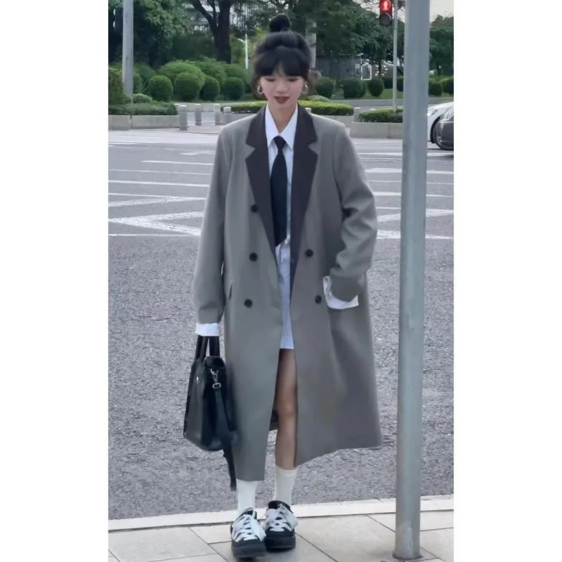 Long Blazer Y2k Long Windbreaker Harajuku Vintage Coat Long Sleeve Spring Autumn Women Jacket Chic Korean Loose Double-breasted