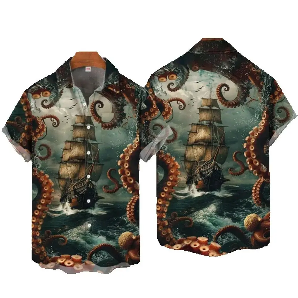 Vintage Men's Shirt Octopus Graphic Print Shirt For Men Casual Short Sleeve Top Hawaiian Shirts Men Lapel Oversized Men Clothing