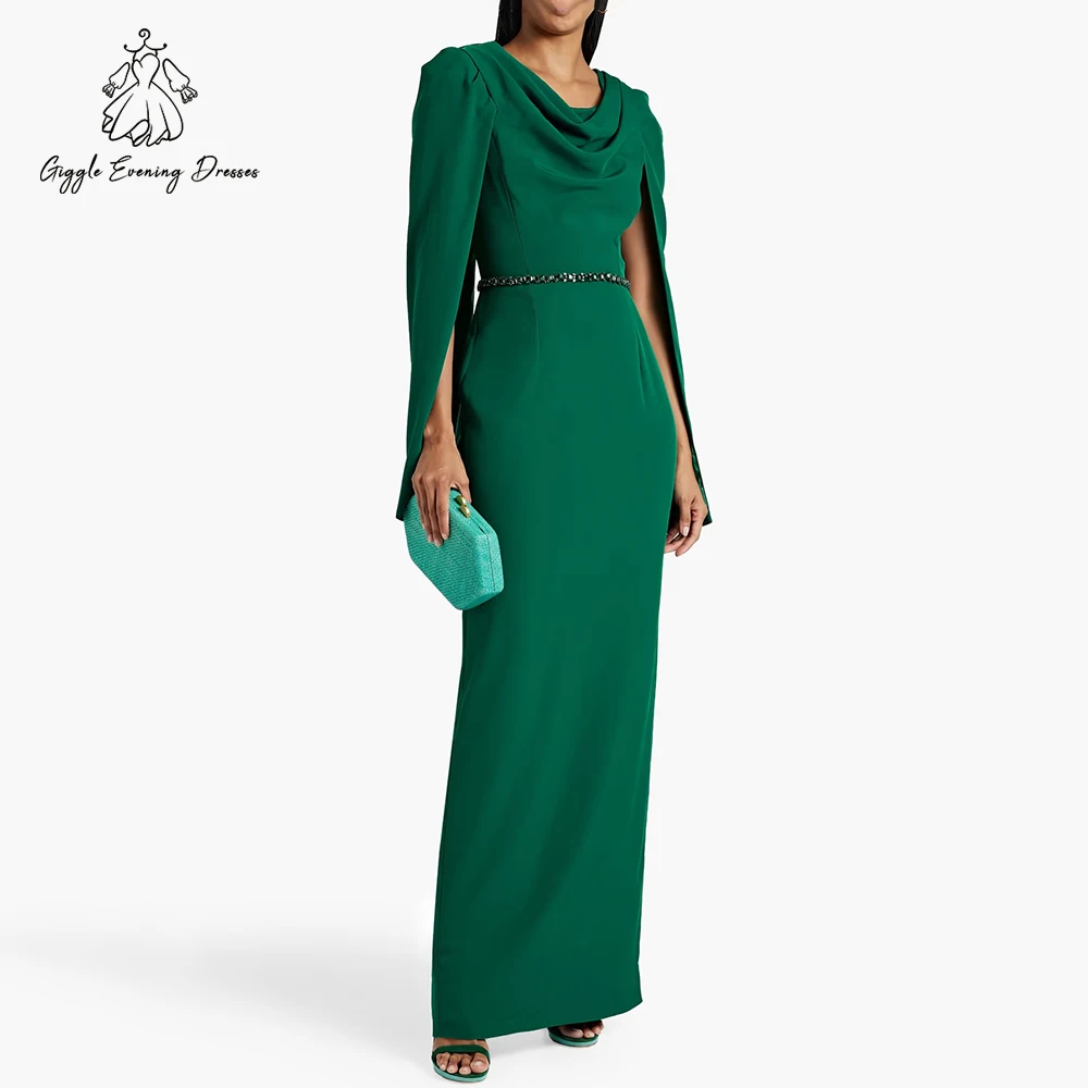 

Emerald Green Saudi Arabian Crepe Evening Dresses Cowl Neck Cape Sleeve Beaded Waist Slim Maxi Formal Party Gowns Customized