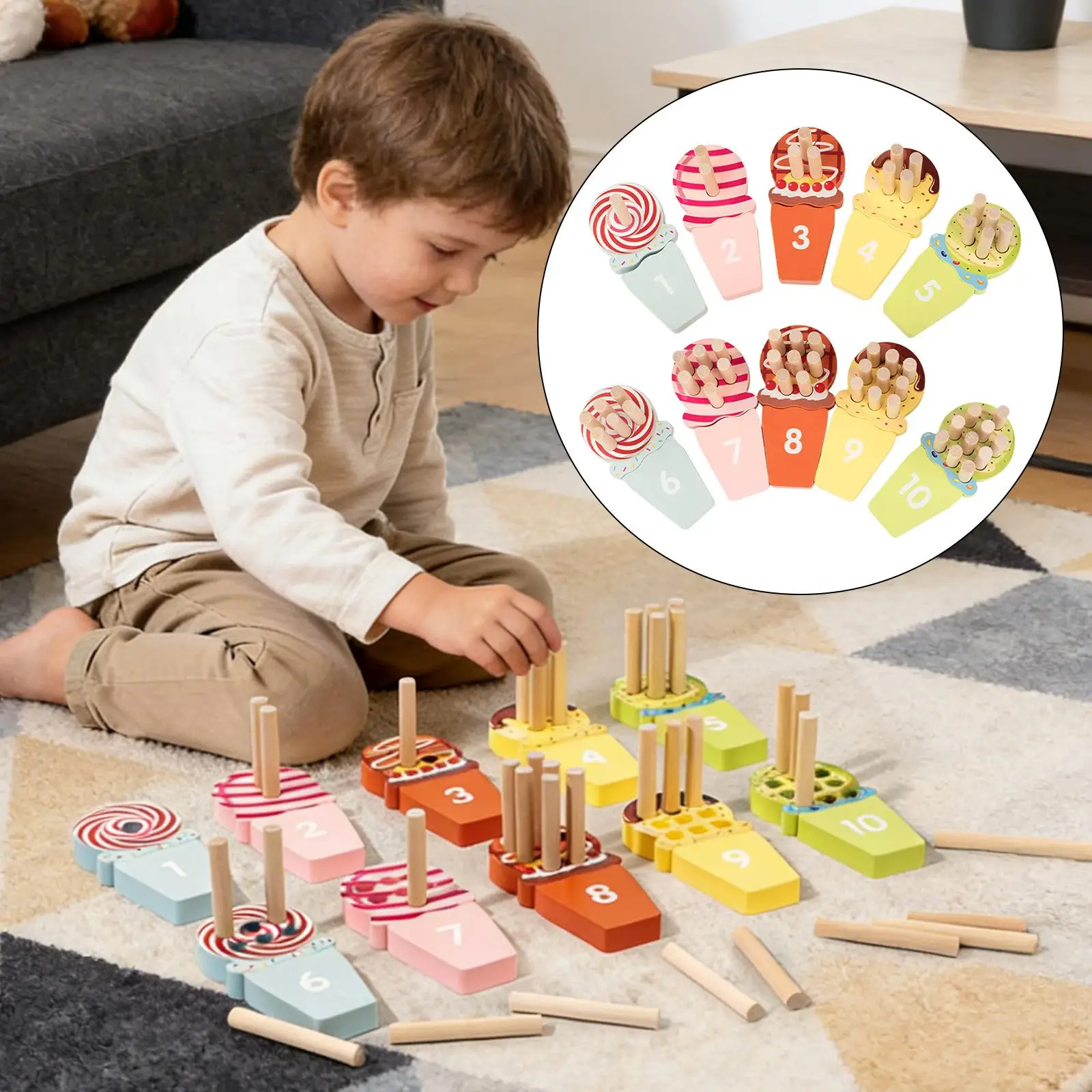 Giocattolo coordinato con numeri di gelato Abilità motorie fini Coordinazione occhio-mano Gioco di matematica, blocchi impilabili Giocattolo sensoriale per bambini piccoli