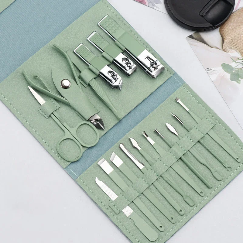 16 pièces/ensemble coupe-ongles ensemble avec sac pliant universel soins du visage Kits de manucure outils de pédicure vert bleu
