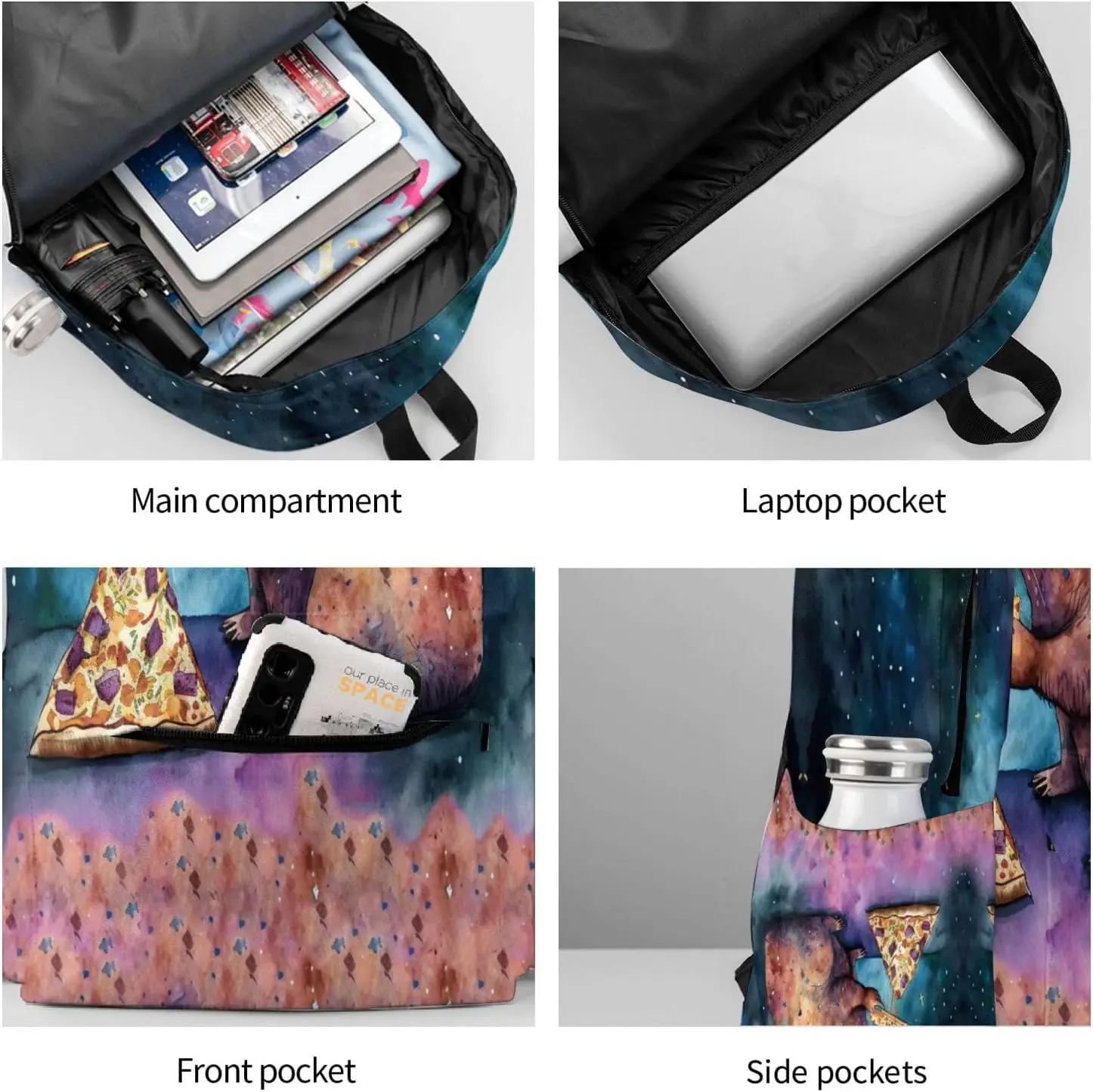 حقيبة ظهر مدرسية من Galaxy Pizza Capybara حقيبة كتب خفيفة الوزن كاجوال للفتيات والأولاد والنساء والرجال والسفر والكمبيوتر المحمول مقاس 16 بوصة