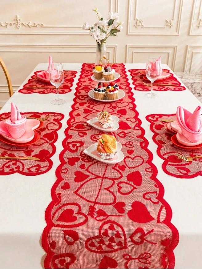 Basic living 1pc Valentine's Day Decorations Table Runner Lace Heart Table Runner For Wedding Party Anniversary Valentine's Day