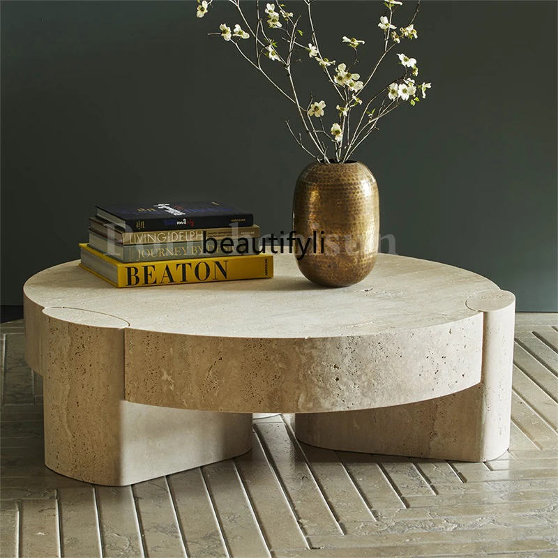 Roman natural travertine round coffee table designer light luxury living room high-end tea table