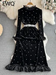 EWQ Sweet Style Women's Dress Flare Long Sleeve Diamond Stand Velvet High Waist A-line Dresses Autumn Winter 2023 New 27SN4592