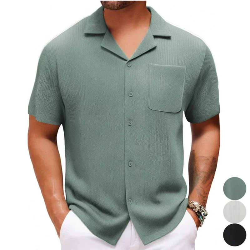 

Мужские рубашки свободного кроя с кубинским воротником, с коротким рукавом, шелковистые, с карманами, летние, высокого качества, прохладные, гладкие, комфортные, Camisas De Hombre