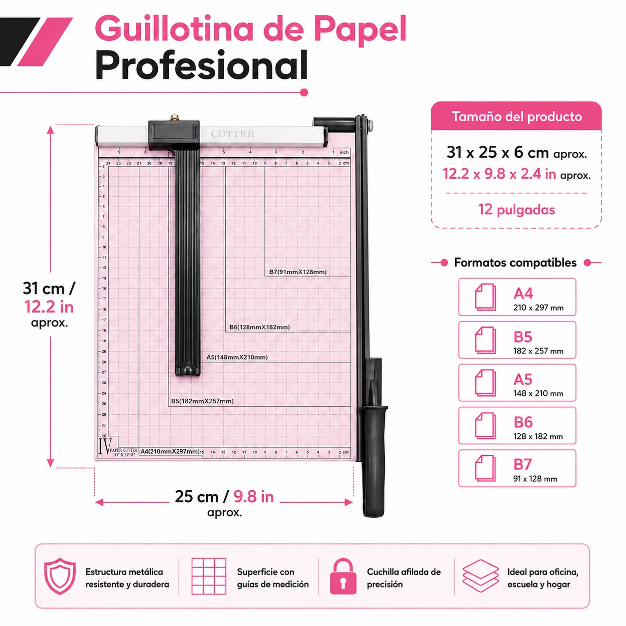 Pink 12-Sheet Guillotine Paper Cutter, 10x12 in Trimmer with Guide Rail, Safety Lock, Grid Ruler for Cardstock & Photos