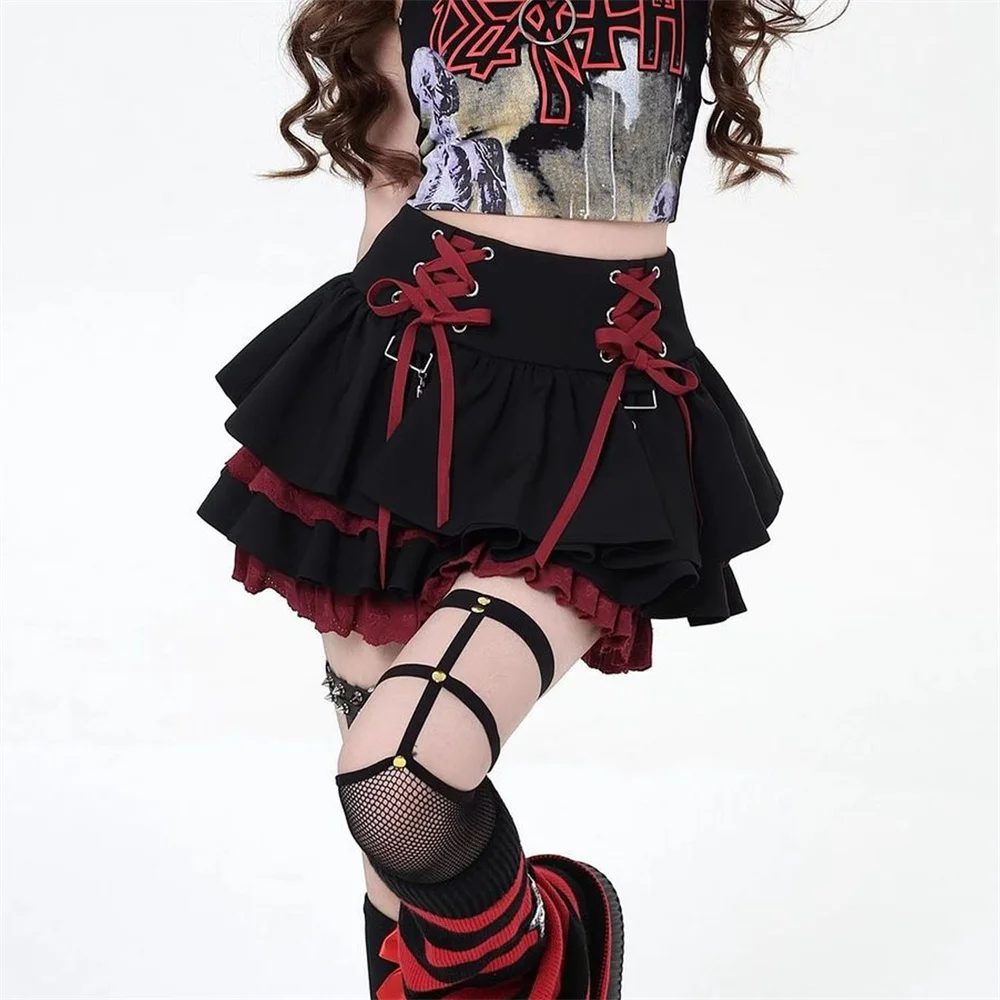 Japońska Lolita, słodka mini spódniczka damska, czarna, czerwona, fioletowa, z wysokim stanem, krótkie spódniczki, Y2k, urocza, seksowna, na ramiączkach, koronkowa spódniczka typu cake skirt.