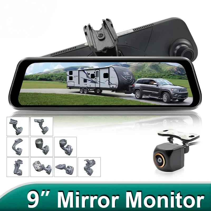 Full HD 9 Inch Recorder Car Parking DVR Mirror Monitor 2.5K Pixel 1080P Rear View Camera Automobile Dash Cam Dual Lens