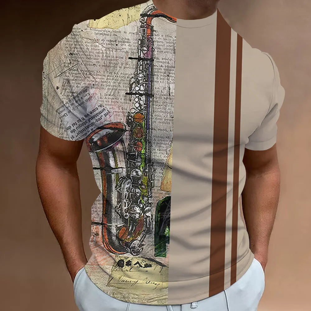 Retro Herren T-Shirt 3D-Musiknoten gedruckt Männer Kleidung täglich lässig Kurzarm Street Designer T-Shirts Top lose übergroße Hemd