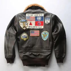 High Quality Top Gun Collar Brown Black Real Clothings Motorcycle Embroidery Unisex Genuine Leather Coat Cowhide Jackets