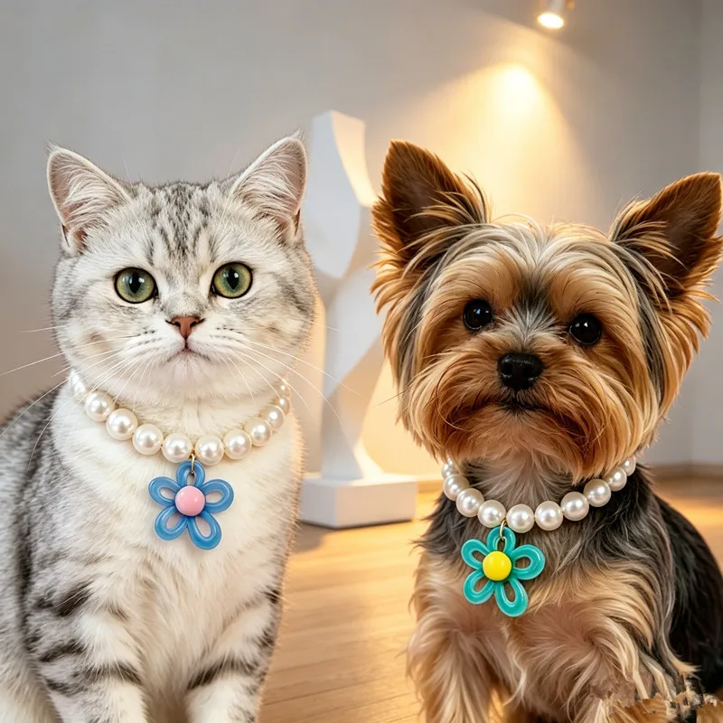 Pearl Pet Necklet Hollow Resin Flower Pendant Adjustable Extension Chain Kitten Yorkshire Portrait Dress-up Decor Neck Ornament