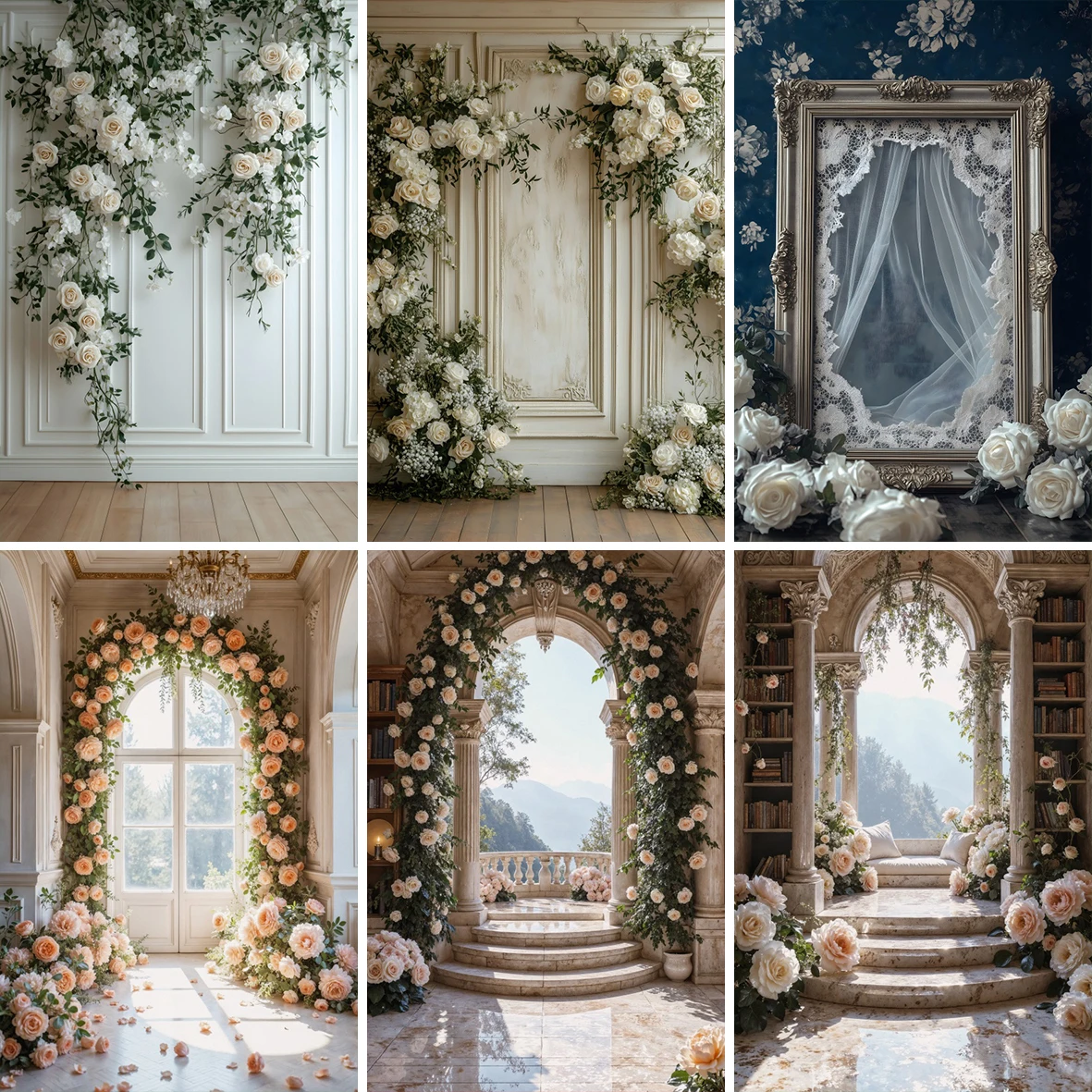Элегантный цветочный фон для фотосъемки с белой розой для свадебной сцены, окна, лестницы, шикарная стена, портрет невесты, фотофон
