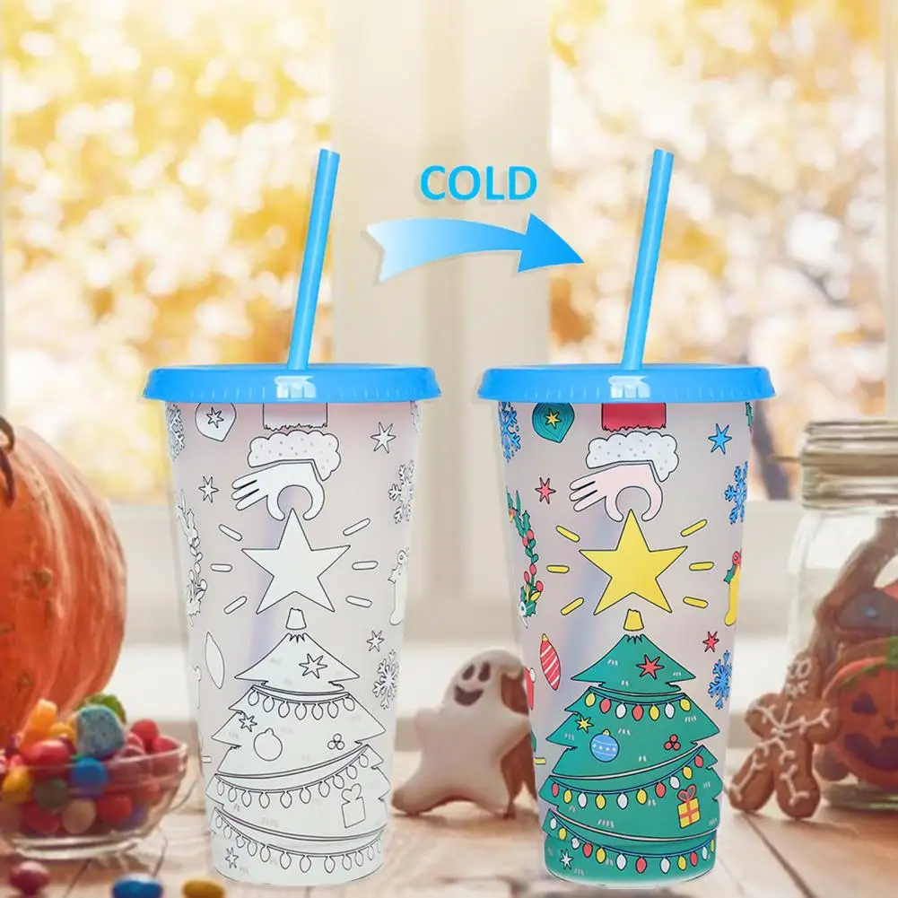 710ML Christmas Tumbler Cup Magical Color Changing Dustproof Lid with Straw Food-grade Cartoon Cup for Coffee Drinks