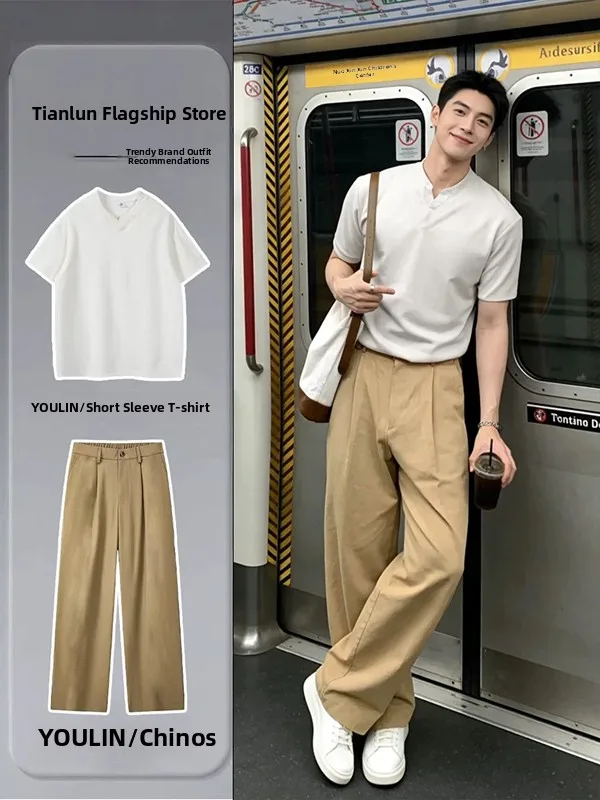 

Loose V-Neck Shirt And Linen West Pants Two-Piece Set for Men Summer Fashion Casual Wear Short Sleeve Long Pants
