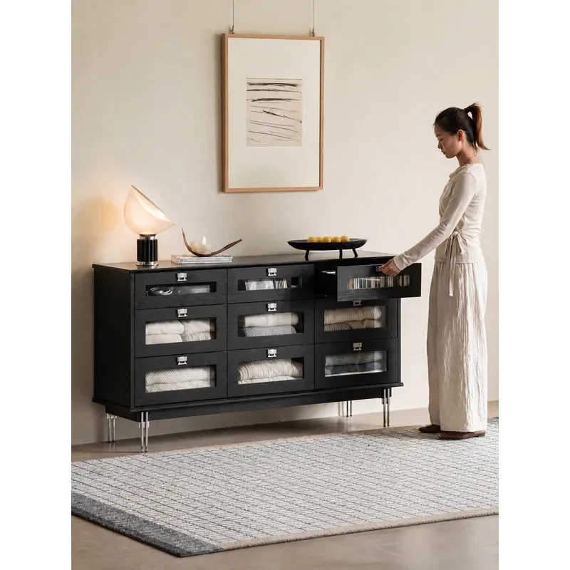 Solid Wood Glass Display Cabinet Black Multi Drawer Storage Sideboard for Living Room Dining Room Bedroom Bedside Nightstand