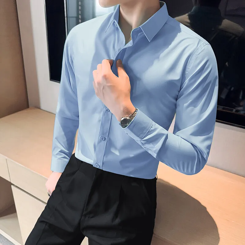 

British Style Men's Social Shirts Fashion Plain Color Long Sleeve Mens Dress Shirt Slim Fit Business Formal Wear Office Blouses