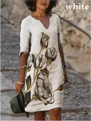 Leisure Fashionable V-neck Printed Women's Elegant Style Loose Fitting Summer Dresses