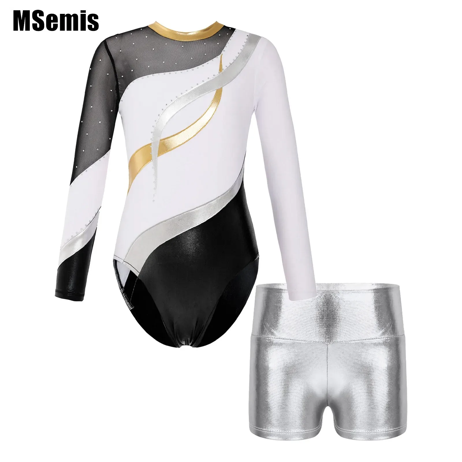 

Kid Girls Shiny Dance Set Rhinestones Decorated Hollow Back Leotard with Metallic High Waist Shorts for Gymnastics Workout