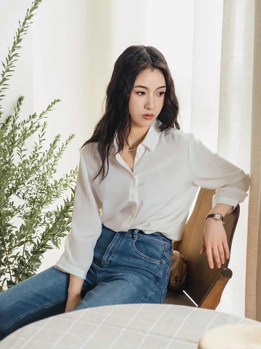 

YOYO High Density 23 Momme Elastic Crushed Soft Smooth Retro Small Collar Nine Sleeve Shirt Women's Fashion Summer Shirt