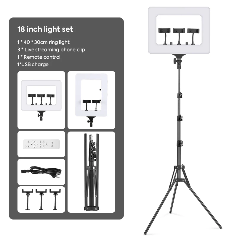 أضواء حلقة 18 بوصة، مع حامل إضاءة و3 حامل هاتف عكس الضوء حلقة مربعة للتصوير الفوتوغرافي المكونات في الضوء لتيك توك والفيديو والصور