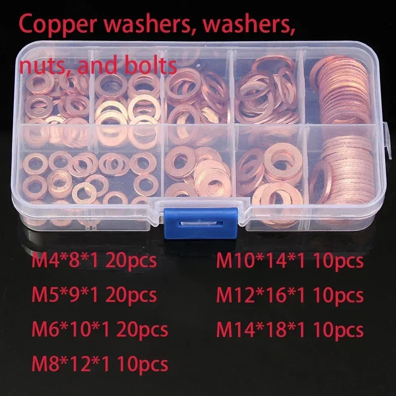 

100 PCS Of Copper Washers, Washers, Nuts, And Bolts, With Box M4/M5/M6/M8/M10/M12/M14 Seal Combination Kit For Oil Pan Plugs