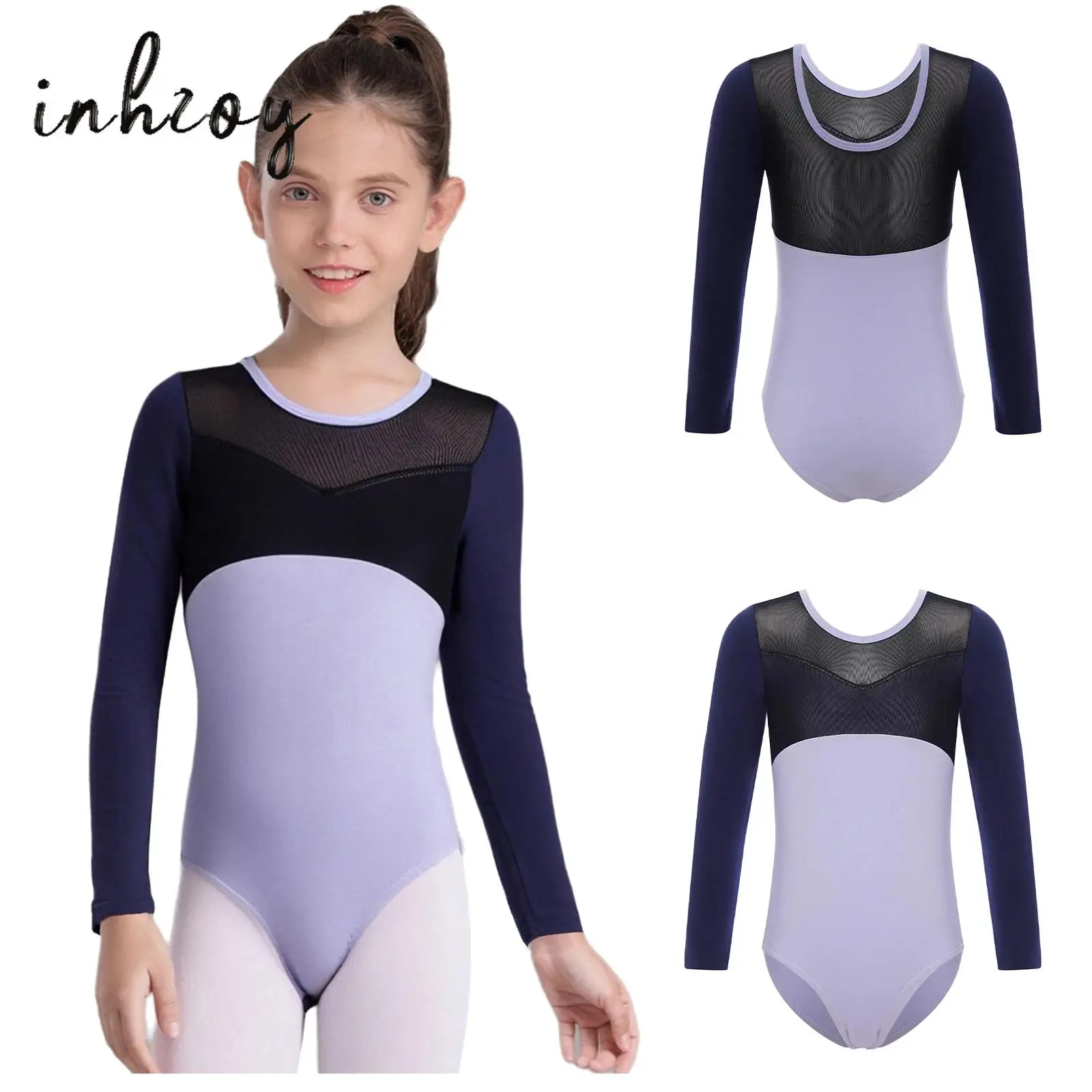 

Kids Girls Ballet Dance Leotard Round Neck Long Sleeves Press Button Crotch Sheer Mesh Patchwork Color Block Bodysuit Dancewear