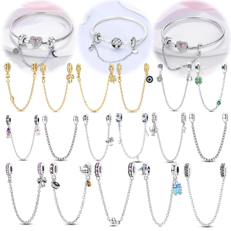 Safety Chain 925 Sterling Silver Beads Love Lock Angel Camera Charms Fit Women Bracelet Pendant DIY Jewelry Gift